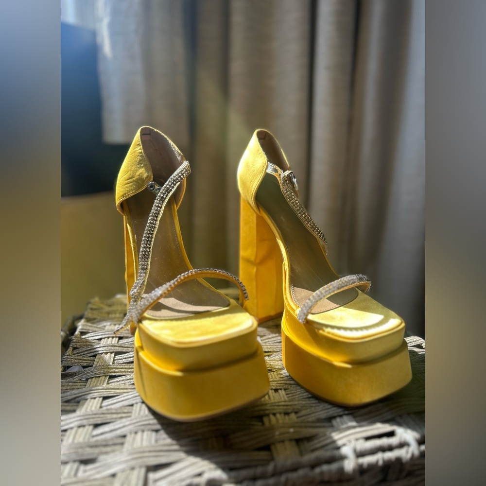 Fashion Nova Yellow Platform Heels with Sparkling Straps